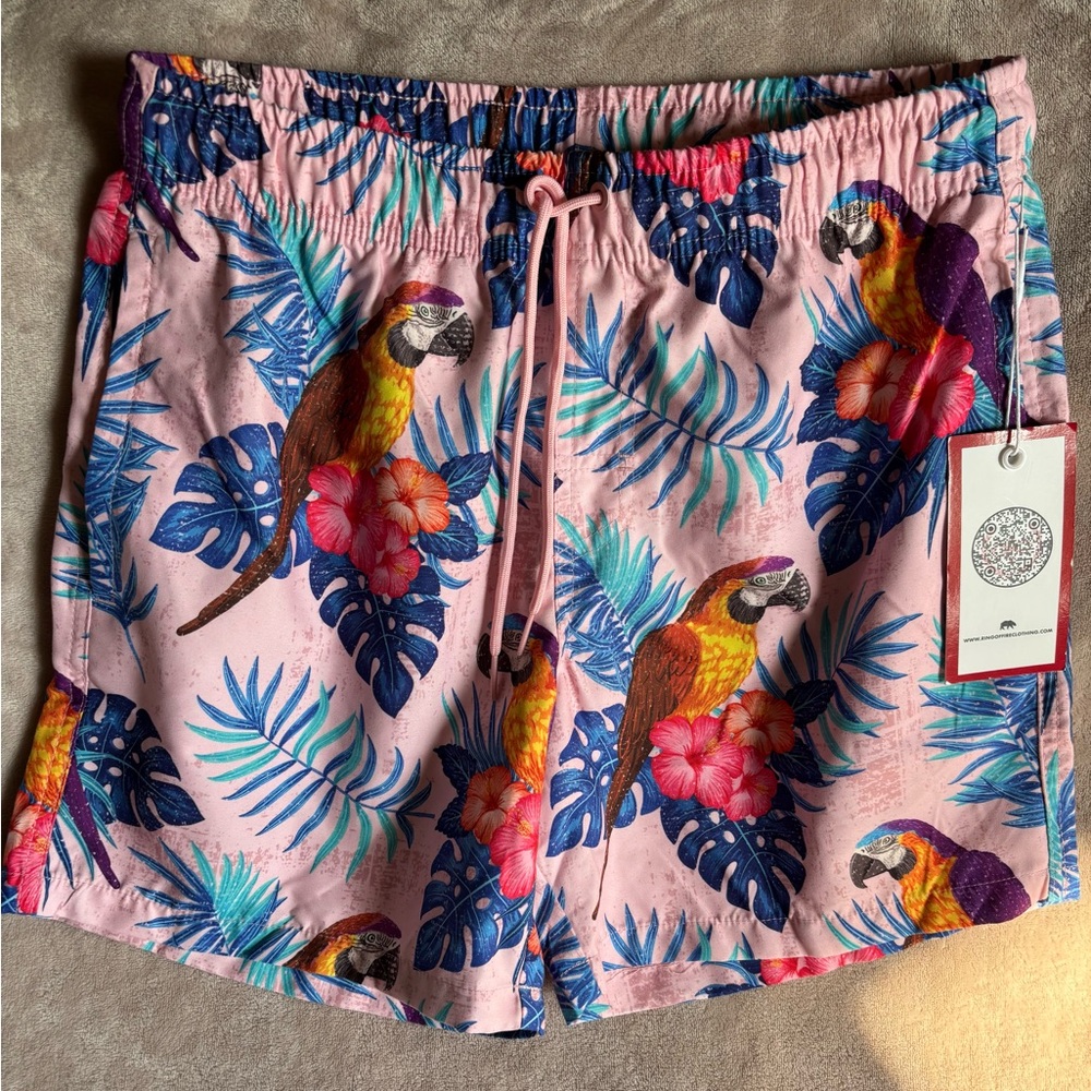 NWT Tropical Pink Parrot Print Men’s Swim Shorts Small